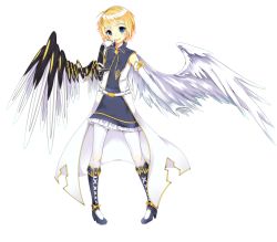 Rule 34 | 1girl, angel, angel wings, asymmetrical wings, bad deviantart id, bad id, blonde hair, blue eyes, boots, borrowed character, cassie (acerailgun), cyborg, dress, elbow gloves, feathered wings, finger to mouth, flat chest, full body, gloves, hoshi usagi, mechanical arms, mechanical wings, original, single mechanical arm, smile, solo, transparent background, wings