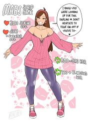 Rule 34 | 1girl, absurdres, aged up, banjabu, black bra, black choker, black pants, bra, breasts, brown eyes, brown hair, choker, cleavage, commentary, earrings, english commentary, english text, full body, gravity falls, grin, hairband, heart, heart earrings, highres, jewelry, large breasts, long hair, mabel pines, meme, off-shoulder sweater, off shoulder, outstretched arms, pants, pink hairband, ribbed sweater, shoes, signature, smile, sneakers, solo, sweater, twitter strip game (meme), underwear, yoga pants
