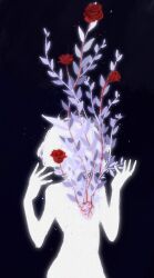 Rule 34 | 1girl, black background, chinese commentary, commentary request, completely nude, cowboy shot, flower, hands up, highres, light particles, nude, original, red flower, red rose, roots, rose, short hair, silhouette, simple background, solo, suancai mie