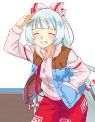 Rule 34 | 1girl, ^ ^, arm garter, arm up, blue vest, blunt bangs, blush, bogyaku no m, bow, buttons, closed eyes, collared shirt, commentary request, cowboy shot, fujiwara no mokou, grin, hair bow, hand in pocket, jacket, long hair, long sleeves, multi-tied hair, open clothes, open jacket, pants, pocket, red pants, salute, shirt, silver hair, sleeveless, sleeveless jacket, smile, solo, suspenders, touhou, very long hair, vest, white shirt