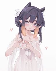 Rule 34 | 1girl, blunt bangs, blush, breasts, dress, flower, gradient hair, hair flower, hair ornament, hair ribbon, heart, heart hands, highres, hololive, hololive english, koahri, long hair, looking at viewer, mole, mole under eye, multicolored hair, ninomae ina&#039;nis, orange hair, pointy ears, purple eyes, purple hair, ribbon, see-through, sidelocks, simple background, small breasts, smile, solo, tentacle hair, virtual youtuber, white background, white dress, white flower, white ribbon