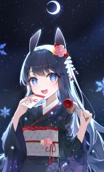 Rule 34 | 1girl, :d, animal ears, black hair, black kimono, blue eyes, blue nails, commentary request, crescent moon, floral print, flower-shaped pupils, hands up, highres, holding, japanese clothes, kimono, long hair, long sleeves, looking at viewer, moon, nail polish, nanna (heyj2888), night, night sky, obi, open mouth, original, outdoors, print kimono, sash, sky, smile, snowflakes, solo, star (sky), starry sky, symbol-shaped pupils, teeth, upper body, upper teeth only, very long hair, wide sleeves