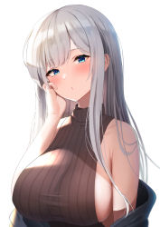 Rule 34 | 1girl, bare shoulders, blue eyes, blush, breasts, futon fly away, hand on own face, highres, large breasts, long hair, off shoulder, original, parted lips, sideboob, silver hair, simple background, solo, upper body, white background