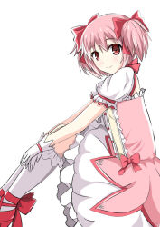 Rule 34 | 1girl, ankle bow, ankle ribbon, bow, bubble skirt, from side, gloves, hair between eyes, hair bow, kaname madoka, kneehighs, leg ribbon, looking at viewer, magical girl, mahou shoujo madoka magica, mahou shoujo madoka magica (anime), natsuzakura yuuki, pink bow, pink hair, red bow, red eyes, red footwear, ribbon, short hair, short sleeves, short twintails, simple background, skirt, smile, socks, solo, twintails, white background, white gloves, white skirt, white socks