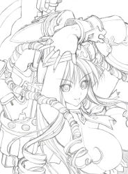 Rule 34 | 1girl, :p, armpits, arms up, banpresto, breasts, crown, curly hair, drill hair, elf, fingerless gloves, gloves, greyscale, gun, hairpods, handgun, huge breasts, huge weapon, lineart, monochrome, nakabayashi reimei, neige hausen, pointy ears, revolver, sideboob, sketch, solo, super robot wars, super robot wars og saga mugen no frontier, super robot wars og saga mugen no frontier exceed, sword, tongue, tongue out, twin drills, twintails, weapon