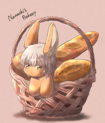 Rule 34 | 1other, absurdres, androgynous, baguette, basket, bread, bread bun, brown fur, character name, food, furry, highres, in basket, made in abyss, nanachi (made in abyss), neru5572 (onerumaster), other focus, red background, simple background, sweatdrop, whiskers, white hair, yellow eyes