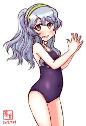 Rule 34 | 1girl, alternate costume, artist logo, blue one-piece swimsuit, blush, collarbone, competition school swimsuit, covered navel, cowboy shot, dated, feet out of frame, fingers together, flat chest, grey eyes, hair ornament, hairband, highres, kanon (kurogane knights), kantai collection, long hair, looking at viewer, new school swimsuit, one-piece swimsuit, open mouth, ponytail, school swimsuit, signature, silver hair, simple background, smile, solo, standing, swimsuit, wavy hair, white background, yamagumo (kancolle)