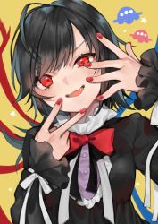 Rule 34 | 1girl, adapted costume, asymmetrical wings, black dress, black hair, blue wings, bow, bowtie, commentary, dress, fangs, hands up, highres, houjuu nue, long sleeves, looking at viewer, makita (vector1525), medium hair, nail polish, open mouth, red bow, red bowtie, red nails, red wings, ribbon, simple background, smile, solo, star (symbol), touhou, ufo, upper body, white ribbon, wings, yellow background