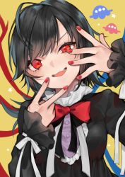 1girl adapted_costume asymmetrical_wings black_dress black_hair blue_wings bow bowtie commentary dress fangs hands_up highres houjuu_nue long_sleeves looking_at_viewer makita_(vector1525) medium_hair nail_polish open_mouth red_bow red_bowtie red_nails red_wings ribbon simple_background smile solo star_(symbol) touhou ufo upper_body white_ribbon wings yellow_background