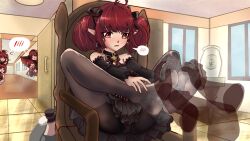Rule 34 | 1girl, blush, chair, dungeon and fighter, enchantress (dungeon and fighter), feet, footjob, highres, long hair, mage (dungeon and fighter), panties, panties under pantyhose, pantyhose, pantyshot, parted lips, pointy ears, red eyes, red hair, soles, steam, toes, twintails, underwear