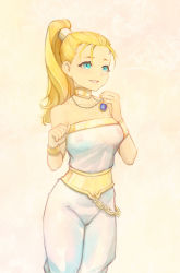 Rule 34 | 1girl, bare shoulders, blonde hair, blue eyes, breasts, choker, chrono trigger, collarbone, jewelry, long hair, marle (chrono trigger), necklace, ponytail, see-through, simple background, smile, solo, yugen99