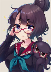 Rule 34 | 1girl, :3, adjusting eyewear, bespectacled, black shirt, blue neckerchief, blush, breasts, brown background, closed mouth, commentary request, fate/grand order, fate (series), glasses, hair bun, hand up, highres, katsushika hokusai (fate), ko yu, long sleeves, looking at viewer, medium breasts, neckerchief, purple eyes, purple hair, red-framed eyewear, red sailor collar, revision, sailor collar, school uniform, serafuku, shirt, sideways mouth, simple background, single hair bun, sleeves past wrists, sparkle, tokitarou (fate), upper body