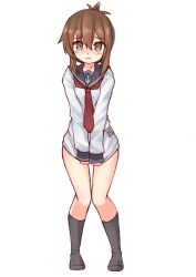 Rule 34 | 1girl, black socks, blue sailor collar, brown eyes, brown hair, covering crotch, covering privates, folded ponytail, full body, highres, inazuma (kancolle), kantai collection, long hair, long sleeves, looking at viewer, neckerchief, no pants, pepatiku, red neckerchief, sailor collar, sailor shirt, shirt, shirt tug, simple background, socks, solo, white background