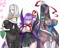 Rule 34 | 3girls, aqua eyes, arm wrap, armlet, armor, ass, bandaged arm, bandages, bb (fate), bb (fate/extra), black coat, black dress, black hair, blue armor, breastplate, breasts, circlet, cleavage, closed mouth, coat, commentary request, covered navel, dark-skinned female, dark skin, dress, eating, facial mark, fate/extra, fate/extra ccc, fate/grand order, fate (series), feathers, food, forehead jewel, fruit, grapes, green eyes, habit, hair ribbon, hat, hat feather, heart, high-waist skirt, honjou raita, jewelry, large breasts, leotard, long hair, long sleeves, looking at viewer, looking back, multiple girls, neck ribbon, necklace, nun, open clothes, open coat, open mouth, parted bangs, pauldrons, popped collar, purple eyes, purple hair, red ribbon, ribbon, ring, scheherazade (fate), sessyoin kiara, shoulder armor, simple background, skindentation, skirt, smile, thighs, very long hair, white leotard, wide sleeves, yellow eyes