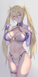 Rule 34 | 1girl, bare shoulders, bikini, blonde hair, blue eyes, blush, bradamante (fate), bradamante (third ascension) (fate), braid, breast tattoo, breasts, cleavage, closed mouth, collarbone, earrings, elbow gloves, fate/grand order, fate (series), french braid, gloves, hair between eyes, highleg, highleg bikini, hip focus, jewelry, large breasts, licking lips, long hair, looking at viewer, navel, navel piercing, nikuku (kazedesune), piercing, pubic tattoo, simple background, smile, solo, stomach tattoo, swimsuit, tattoo, thigh strap, thighs, tongue, tongue out, twintails