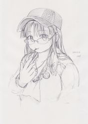 Rule 34 | 1girl, 2013, blush, breasts, dated, fat, food, glasses, hat, huge breasts, jewelry, kobayakawa horan, long hair, monochrome, mouth hold, necklace, nekokami, original, plump, pocky, sketch, solo