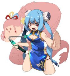 Rule 34 | 1girl, alternate costume, animalization, blue dress, blue hair, blush, breasts, bun cover, china dress, chinese clothes, chinese zodiac, cleavage cutout, clothing cutout, commentary request, cropped legs, datemegane, double bun, dragon, dress, eastern dragon, fighting stance, glaring, hair bun, hip vent, holding, holding nunchaku, holding weapon, kotonoha aoi, kung fu, large breasts, legs apart, looking at viewer, nunchaku, open mouth, outstretched arm, panty straps, red eyes, seyanaa, side slit, sleeveless, sleeveless dress, smile, solo, twintails, v-shaped eyebrows, voiceroid, weapon, white background, year of the dragon