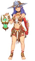Rule 34 | 1girl, absurdres, arm guards, bikini, blue hair, bone, breasts, brown bikini, brown choker, choker, cleavage, commentary, commission, dang (runescape), effy neprin, english commentary, hat, highres, holding, holding lantern, jewelry, lantern, long hair, medium breasts, necklace, necromancer, original, runescape, simple background, skull, skull ornament, smile, solo, standing, swimsuit, weapon, yellow eyes