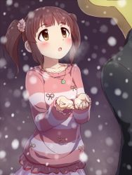 Rule 34 | 10s, 1boy, 1girl, :o, blush, breath, brown eyes, brown hair, dani-ikapi, idolmaster, idolmaster cinderella girls, jewelry, looking up, necklace, ogata chieri, open mouth, p-head producer, producer (idolmaster), shirt, short hair, skirt, snow, snowing, striped clothes, striped shirt, twintails