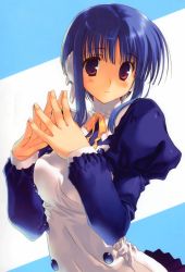Rule 34 | 1girl, blue hair, highres, ilfa (to heart), long sleeves, looking at viewer, maid, mitsumi misato, purple eyes, robot ears, short hair with long locks, solo, steepled fingers, to heart (series), to heart 2