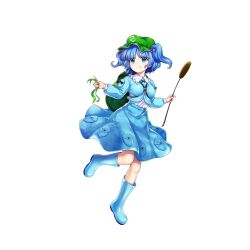 Rule 34 | 1girl, backpack, bag, blue skirt, blue vest, boots, cattail, flat cap, full body, game cg, green hat, hair bobbles, hair ornament, hat, highres, holding, holding plant, kawashiro nitori, looking at viewer, mountain of faith, plant, pocket, rotte (1109), rubber boots, seaweed, shirt, simple background, skirt, solo, third-party source, touhou, touhou lostword, two side up, vest, white background, white shirt