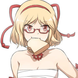 Rule 34 | 1girl, blonde hair, bread slice, breasts, cleavage, commentary request, cowboy shot, food, food in mouth, glasses, hair ribbon, hairband, jewelry, looking to the side, medium breasts, mouth hold, natsuya (kuttuki), necklace, open mouth, ragnarok online, red-framed eyewear, red eyes, red hairband, red ribbon, ribbon, sarashi, semi-rimless eyewear, short hair, simple background, smile, solo, sura (ragnarok online), toast, toast in mouth, under-rim eyewear, white background