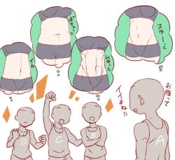 Rule 34 | 4boys, 4girls, arm up, crossed arms, faceless, faceless male, hanzo (2929), head out of frame, imagining, multiple boys, multiple girls, muscular, muscular female, navel, plump, simple background, smile, tank top, thought bubble, toned, translation request, white background