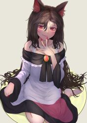Rule 34 | 1girl, absurdres, animal ear fluff, animal ears, bare shoulders, barefoot, brooch, brown hair, collarbone, dress, highres, imaizumi kagerou, jewelry, kneeling, long hair, looking at viewer, multicolored clothes, multicolored dress, red eyes, red lips, red nails, smile, solo, tamateba co, touhou, very long hair, white dress, wolf ears, wolf girl