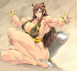 Rule 34 | 1girl, alternate costume, alternate hairstyle, animal ears, ass, black dress, bracelet, braid, breasts, capcom, chun-li, cleavage, clenched hand, cosplay, dress, fighting stance, hair down, hair over one eye, highleg, highleg dress, huge breasts, jewelry, jin-jin, muscular, muscular female, sitting, solo, spiked bracelet, spikes, street fighter, tail, thighs, twin braids, white footwear