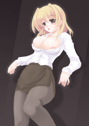 Rule 34 | 00s, 1girl, :p, blonde hair, breasts, covered erect nipples, frapowa, large breasts, lyrical nanoha, mahou shoujo lyrical nanoha, mahou shoujo lyrical nanoha strikers, nipples, open clothes, open shirt, pantyhose, pencil skirt, purple eyes, shamal, shirt, short hair, skirt, solo, tongue, tongue out