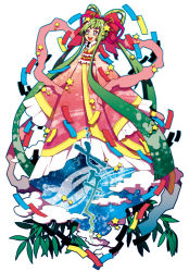 Rule 34 | 1girl, bad id, bad pixiv id, bamboo, big ribbon, cloud, green hair, hair rings, highres, japanese clothes, long hair, original, orihime (tanabata), paper, princess, ribbon, sena (mineruba), sena (pixiv), smile, solo, star (symbol), tanabata