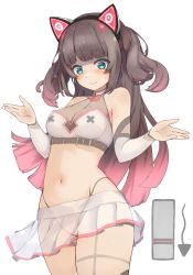 Rule 34 | 1girl, absurdres, aqua eyes, bow, bowtie, breasts, brown hair, closed mouth, commentary request, cross pasties, highres, hololive, johnny (braun-kan cafe), long hair, medium breasts, midriff, natsuiro matsuri, natsuiro matsuri (re:start), navel, pasties, pink bow, pink bowtie, pleated skirt, see-through, simple background, skirt, solo, thighs, two side up, virtual youtuber, white background, white skirt