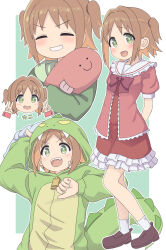 Rule 34 | + +, 1girl, :d, ^ ^, arm behind back, bare legs, blush, bow, bowtie, brown footwear, brown hair, c:, closed eyes, colored inner hair, commentary, dinosaur costume, double v, dress, fang, frilled dress, frilled shirt collar, frills, green background, green eyes, grin, hair intakes, highres, hood, hood up, long sleeves, multicolored hair, multiple views, hugging object, oka asahi, onii-chan wa oshimai!, open mouth, orange hair, outline, red bow, red bowtie, rundraw, shoes, short hair, short sleeves, simple background, smile, socks, stuffed animal, stuffed fish, stuffed toy, throwing, translated, two-tone hair, two side up, v, white outline, white socks, zipper pull tab