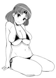 Rule 34 | 1girl, areola slip, bikini, blush, breasts, chiyoda (kancolle), cleavage, closed mouth, collarbone, embarrassed, frown, greyscale, halterneck, head tilt, headband, kantai collection, large areolae, large breasts, looking at viewer, lowleg, lowleg bikini, micro bikini, monochrome, parted bangs, scowl, short hair, simple background, skindentation, solo, string bikini, swimsuit, tamagoroo, white background