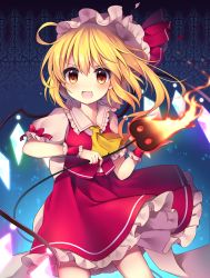 Rule 34 | &gt;:d, 1girl, ascot, blonde hair, commentary request, cowboy shot, fire, flandre scarlet, frilled shirt collar, frills, hat, hat ribbon, highres, holding, laevatein, looking at viewer, mob cap, open mouth, petticoat, puffy short sleeves, puffy sleeves, red eyes, red ribbon, red skirt, ribbon, ruhika, short hair, short sleeves, skirt, smile, solo, standing, touhou, v-shaped eyebrows, wings, wrist cuffs