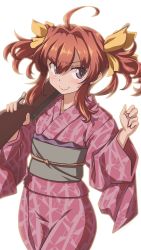 Rule 34 | 1girl, 547th sy, ahoge, alternate hairstyle, arashi (kancolle), brown eyes, commentary request, gun, hair ribbon, highres, japanese clothes, kantai collection, kimono, leaf print, looking at viewer, medium hair, official alternate costume, pink kimono, red hair, ribbon, rifle, simple background, solo, trigger discipline, weapon, white background, yellow ribbon, yukata