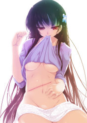 Rule 34 | 10s, 1girl, akahito, bad id, bad pixiv id, black hair, bottomless, breasts, clothes lift, female focus, flower, groin, hair flower, hair ornament, hand on own stomach, hydrangea, light, light smile, long hair, looking down, mouth hold, navel, needle, no bra, no panties, red eyes, sanka rea, sankarea, scar, shirt lift, simple background, sitting, solo, stitches, thread, towel, underboob, white background, zombie