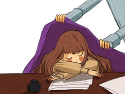 Rule 34 | 1boy, 1girl, blush, brown hair, chinese commentary, closed eyes, commentary request, crossed arms, desk, dressing, fors wall, fyy2333, gehrman sparrow, highres, inkwell, jacket, klein moretti, lord of the mysteries, out of frame, paper, purple jacket, simple background, sleeping, white background