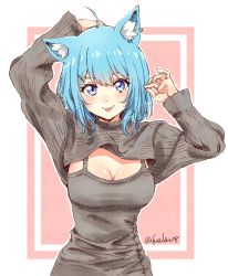 Rule 34 | 1girl, nanashi inc., absurdres, ahoge, animal ear fluff, animal ears, animare, arms up, blue eyes, blue hair, blush, breasts, cat ears, cleavage, closed mouth, commentary, ear piercing, eyelashes, fuusuke (fusuke208), grey sweater, grey tank top, hair ornament, highres, light blue hair, long sleeves, looking at viewer, medium breasts, piercing, pink background, short hair, shrug (clothing), simple background, smile, solo, souya ichika, sweater, tank top, tongue, tongue out, twitter username, upper body, virtual youtuber, x hair ornament