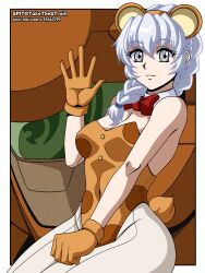 Rule 34 | 1girl, animal ears, bear ears, bear tail, bonta-kun, bonta-kun (cosplay), bow, bowtie, braid, breasts, brown gloves, brown leotard, character request, commentary request, cosplay, covered navel, cowboy shot, detached collar, full metal panic!, gloves, grey eyes, grey hair, highres, korean commentary, leotard, long hair, mecha, medium breasts, nontraditional playboy bunny, pantyhose, red bow, red bowtie, robot, sitting, solo, spit (takethestrain), strapless, strapless leotard, super robot wars, tail, teletha testarossa, waving, white pantyhose