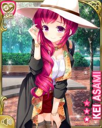 Rule 34 | 1girl, asami kei, brown thighhighs, card (medium), character name, closed mouth, coat, day, english text, girlfriend (kari), hat, official art, outdoors, park, pink eyes, pink hair, ponytail, qp:flapper, red shorts, shirt, shorts, smile, solo, sun hat, tagme, thighhighs, white shirt