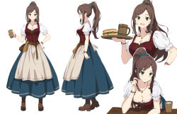 Rule 34 | 1girl, apron, belt, belt pouch, blue skirt, blush, bracelet, breasts, brown hair, cleavage, closed mouth, collarbone, commentary request, corset, cup, facing to the side, facing viewer, food, frilled sleeves, frills, full body, green eyes, green scrunchie, hand on own hip, holding, holding cup, holding food, holding tray, jewelry, looking at viewer, medium breasts, mug, multiple views, necklace, open mouth, original, playing with own hair, ponytail, pouch, red corset, sandwich, scrunchie, shirt, short sleeves, skirt, smile, solo, tray, upper body, waitress, water, white apron, white shirt, wooden cup, yoshitake