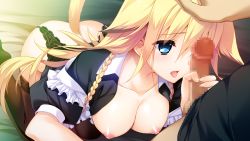 Rule 34 | 1boy, 1girl, aioh lioh camylia, black shirt, black thighhighs, blonde hair, blue eyes, breasts, cat tail, censored, collarbone, fumio (ura fmo), game cg, garter belt, hair between eyes, hand on another&#039;s head, hatsuru koto naki mirai yori, long hair, medium breasts, mosaic censoring, nipples, official art, open clothes, open mouth, open shirt, penis, shirt, short sleeves, solo focus, tail, thighhighs, tongue, tongue out, very long hair