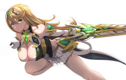 Rule 34 | bare legs, bare shoulders, blonde hair, breasts, chest jewel, cleavage, cleavage cutout, clothing cutout, dress, earrings, elbow gloves, gem, gloves, hair ornament, headpiece, highres, jewelry, large breasts, long hair, mythra (xenoblade), nintendo, senra banshou, short dress, swept bangs, tiara, very long hair, white dress, white gloves, xenoblade chronicles (series), xenoblade chronicles 2, yellow eyes