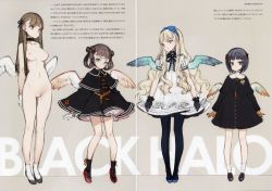 Rule 34 | 4girls, absurdres, angel wings, black hair, blonde hair, blue ribbon, bob cut, bow, bowtie, breasts, brown hair, capelet, choker, concept art, crease, dress, frills, full body, gloves, grey background, hair bow, hair ribbon, hair rings, height difference, highres, legs, long hair, long legs, miniskirt, multiple girls, nipples, non-web source, nude, ooyari ashito, original, pantyhose, ribbon, scan, shoes, short dress, short hair, simple background, skirt, socks, standing, thighs, translation request, wings