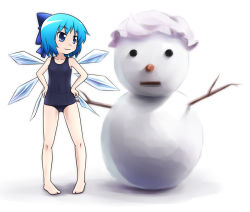 Rule 34 | 1girl, barefoot, child, cirno, cosplay, female focus, flat chest, hands on own hips, kusaba, kusaba (kusabashiki), letty whiterock, letty whiterock (cosplay), one-piece swimsuit, perfect cherry blossom, school swimsuit, snow, snowman, solo, swimsuit, touhou, white background