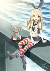 Rule 34 | &gt; &lt;, 10s, 1girl, :3, :d, absurdres, anchor hair ornament, brown eyes, closed eyes, cyta celest, elbow gloves, gloves, hair ornament, hairband, highres, kantai collection, long hair, looking at viewer, machinery, navel, ocean, open mouth, pleated skirt, rensouhou-chan, school uniform, serafuku, shade, shimakaze (kancolle), silver hair, sitting, skirt, smile, striped clothes, striped thighhighs, thighhighs, thong, turret, white gloves, x3, zettai ryouiki