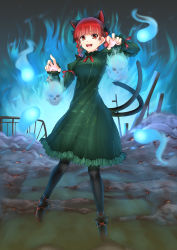 Rule 34 | 1girl, absurdres, animal ears, black footwear, black pantyhose, blush, bow, braid, breasts, cat ears, cat tail, dot nose, dress, frilled dress, frills, green dress, hair bow, highres, hullzion, kaenbyou rin, long hair, long sleeves, looking at viewer, open mouth, pantyhose, red eyes, red hair, ribbon, shoes, smile, solo, standing, tail, touhou, twin braids