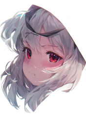 Rule 34 | 1girl, andychen, black hair, blush, closed mouth, commentary, hair ornament, highres, hololive, holox, looking at viewer, multicolored hair, portrait, red eyes, sakamata chloe, sideways glance, silver hair, simple background, solo, streaked hair, virtual youtuber, white background, x hair ornament