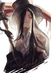 Rule 34 | 1other, ascot, bare shoulders, black hair, blood, guilty gear, guilty gear strive, hat, holding, holding scythe, hyakuhachi (over3), long hair, looking at viewer, other focus, red eyes, scythe, solo, testament (guilty gear), top hat, white ascot